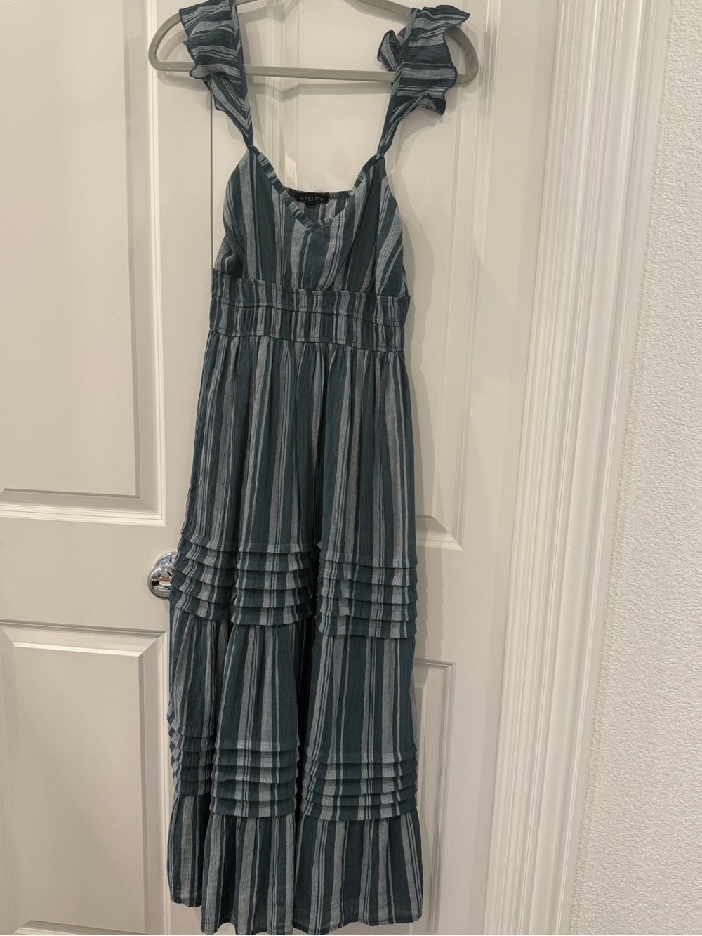 MAX + ASH Blue Striped Pleated Tiered Ruffle Maxi Dress